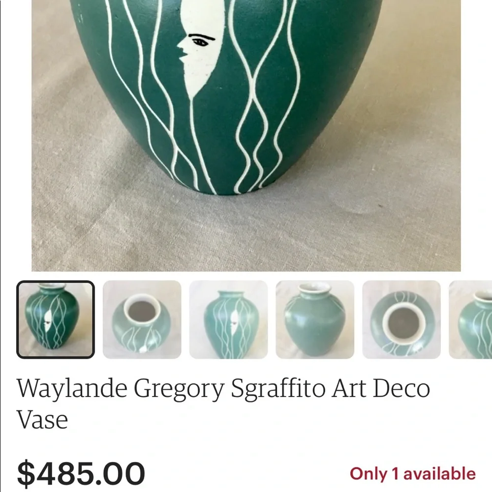 Rare Waylande Gregory 1950s Sgraffito Teal Green Art Deco Moon Face Vase Pottery - Picture 2 of 9